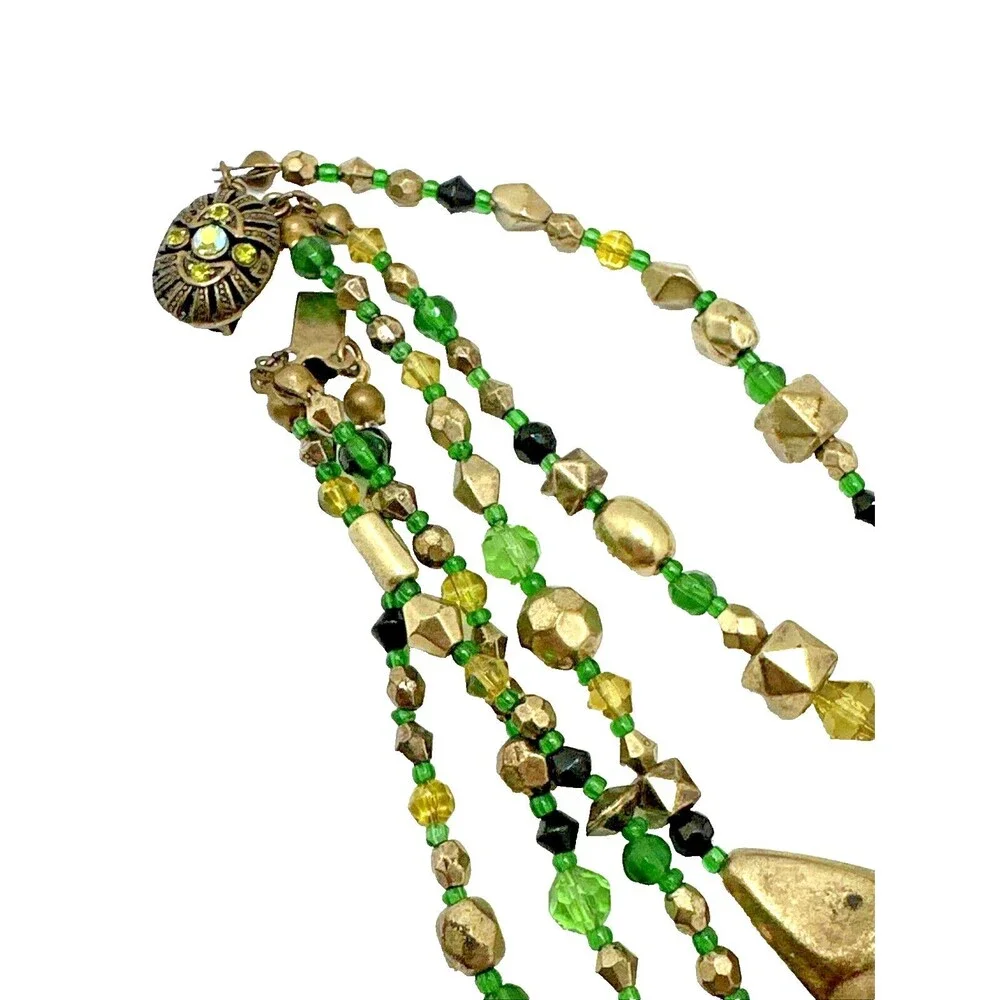 Vintage Green Gold Multi Strand Bead Necklace Boho Crystal Accents Box Clasp 16